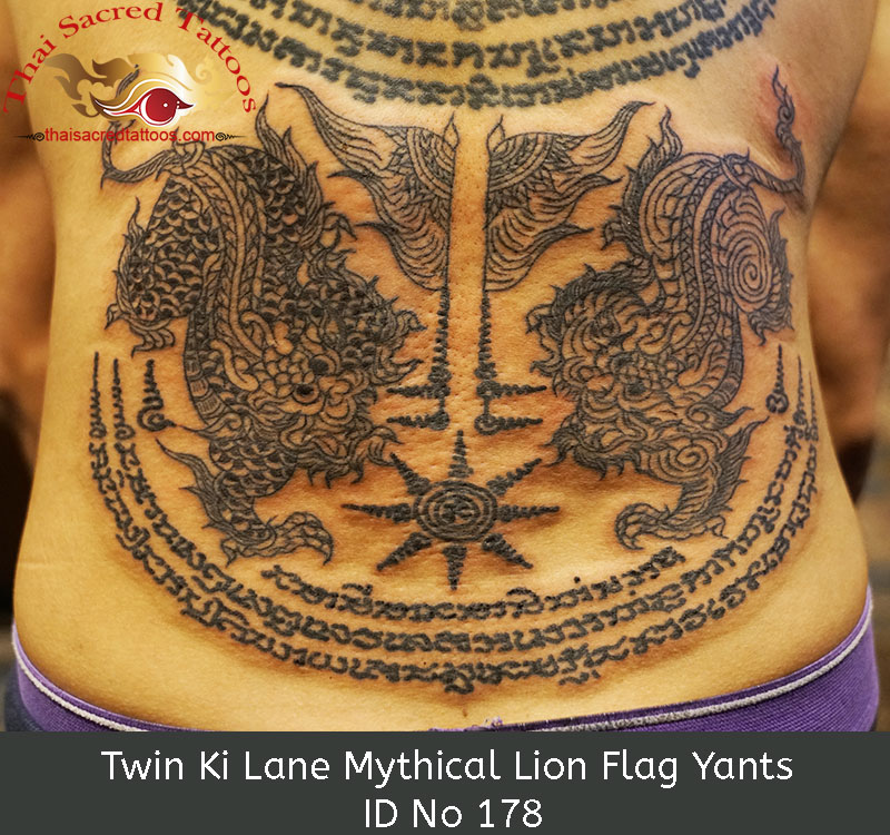 Thai Tattoo Twin Ki lane Mythical Lion Winner Flag Yant